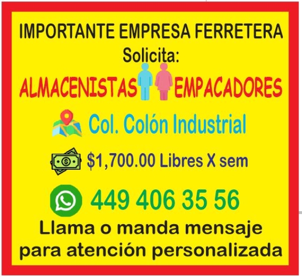 SE SOLICITA ALMACENISTAS PARA IMPORTANTE FERRETERA